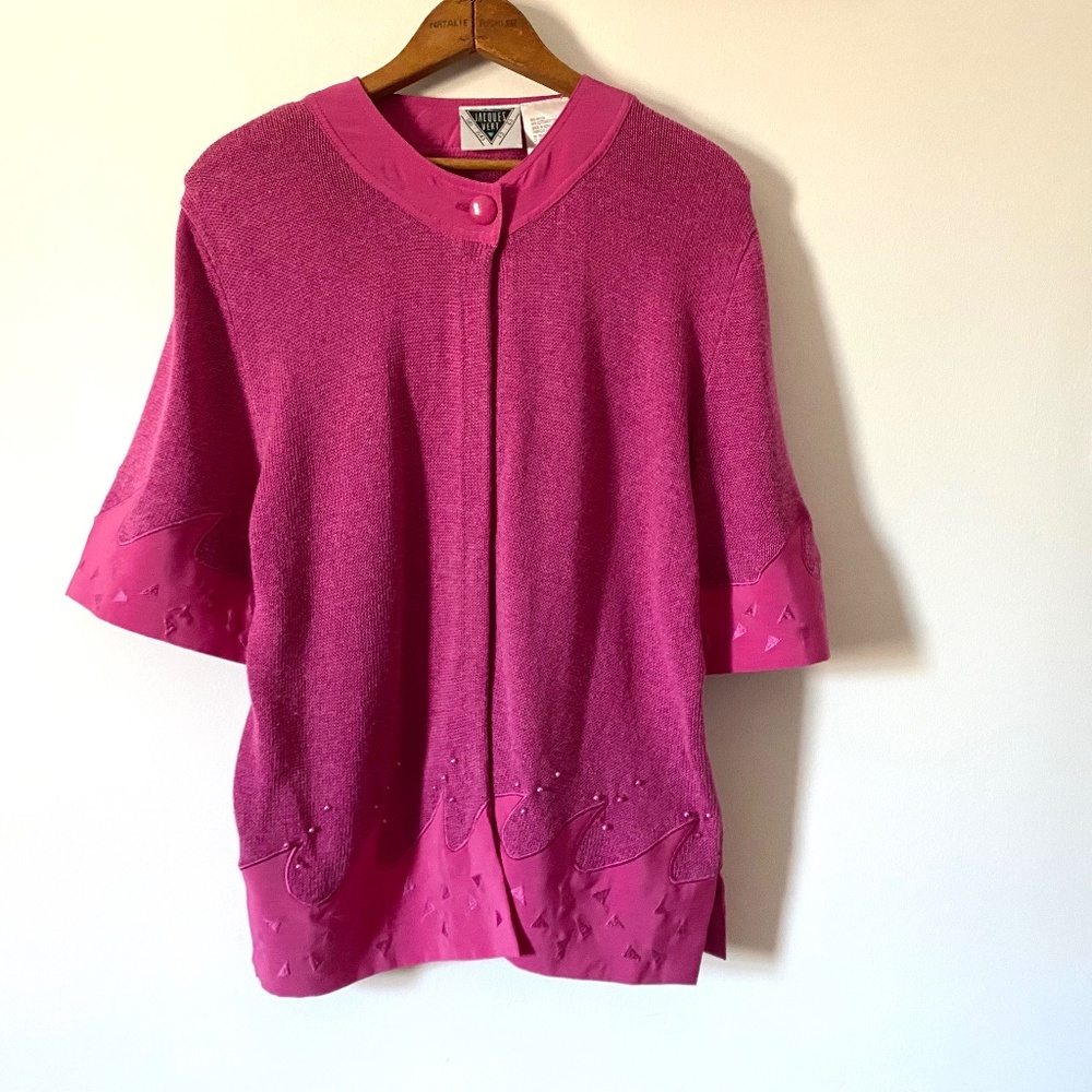 1980’s Vintage Hot Pink Short Sleeve Sweater Cotton Rayon Size Large Open Front